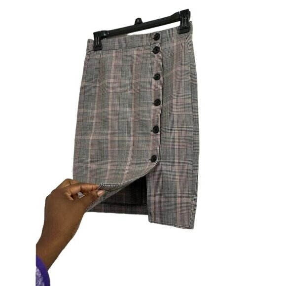 H&M Plaid Pencil Skirt Knee-length Button Up Taupe Sz 2 Buttons Side Slit Office - Picture 6 of 9